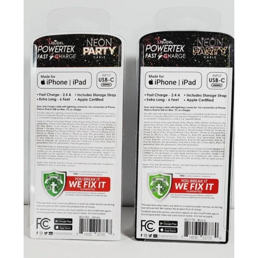 Set of 2 Liquipel Powertek Neon Fast Charge Apple Cable USB-C to Lightning